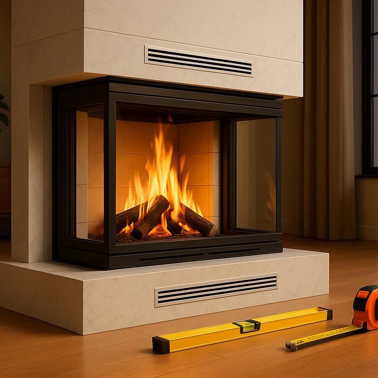 U tipi şömine İzmir | Üç cephe cam, menfez, montaj