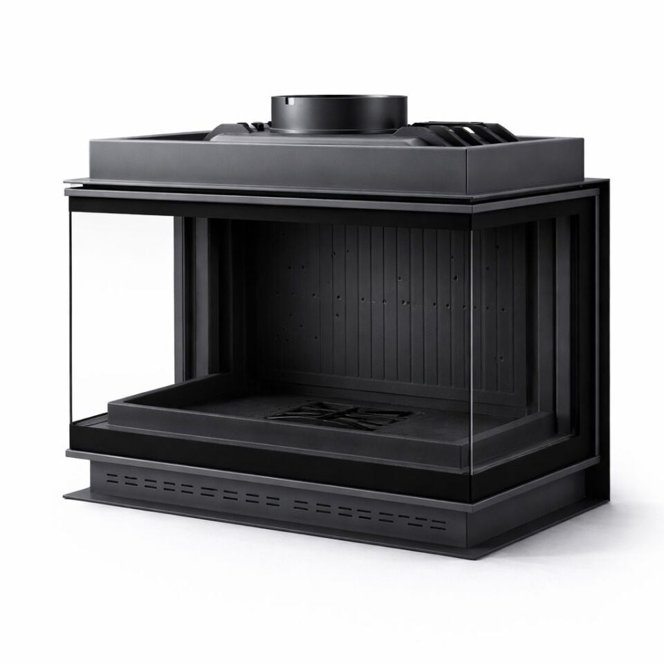 Alevora Şömine 70’lik Siyah Cam Çerçeveli U Tipi Üç Tarafı Camlı Döküm Şömine Haznesi